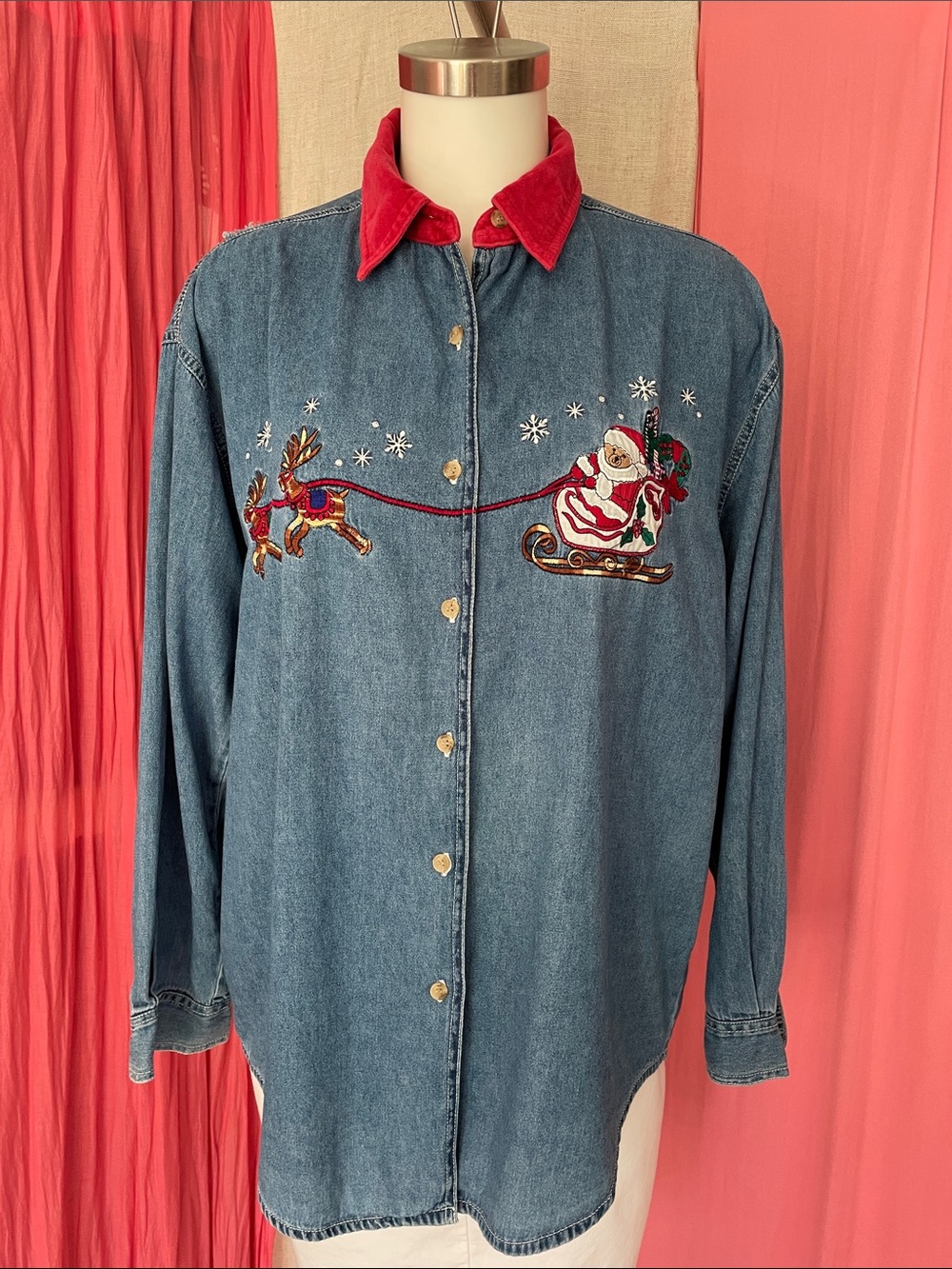 Women's Blue Denim Button-Down Shirt Christmas themed